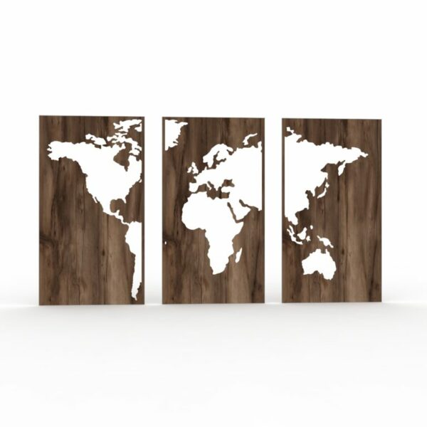 tableau deco triptyque carte du monde bois