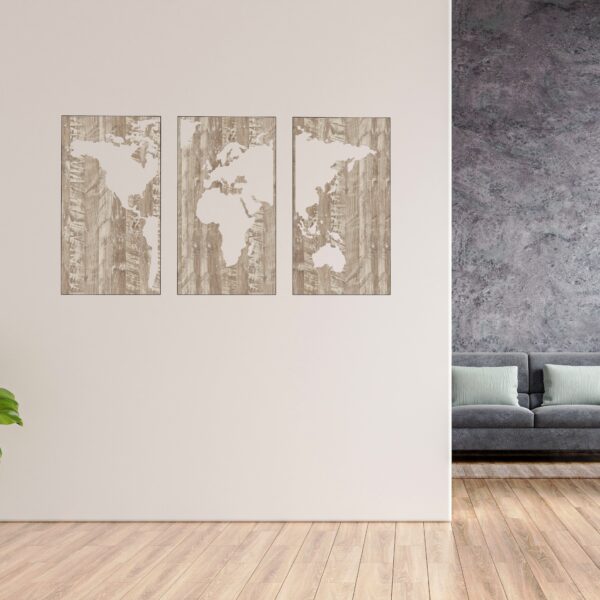 triptyque carte du monde en bois pour intérieur