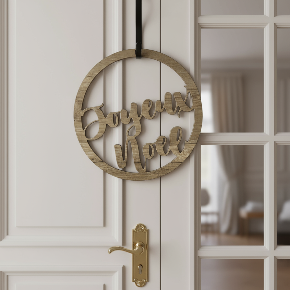 Couronne de Noël “Joyeux Noël” – Aspect bois naturel – Ø 400 mm – Porte, portail & intérieur